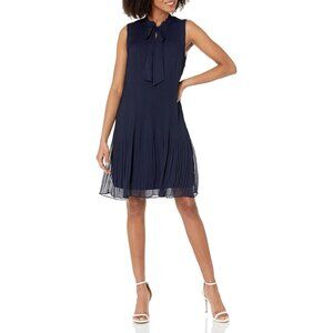DKNY Shift Dress Size 6 Sleeveless Tie Neck Pleated Chiffon Navy Blue Party NEW